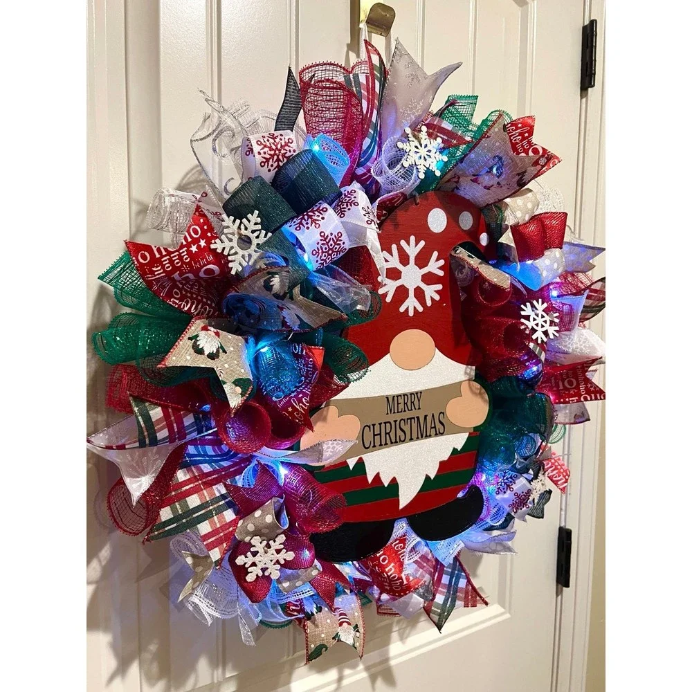 Christmas Snowflake Gnome Holiday Ribbon Door Wreath Handmade 22 ins LED W10